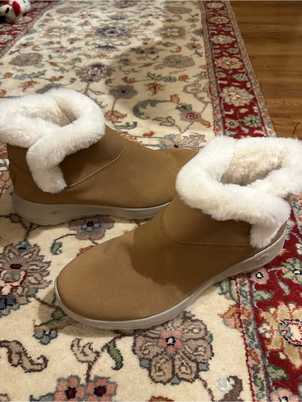 Skechers Tan Ankle Slip-On Slippers with Cream Faux-Fur Collar